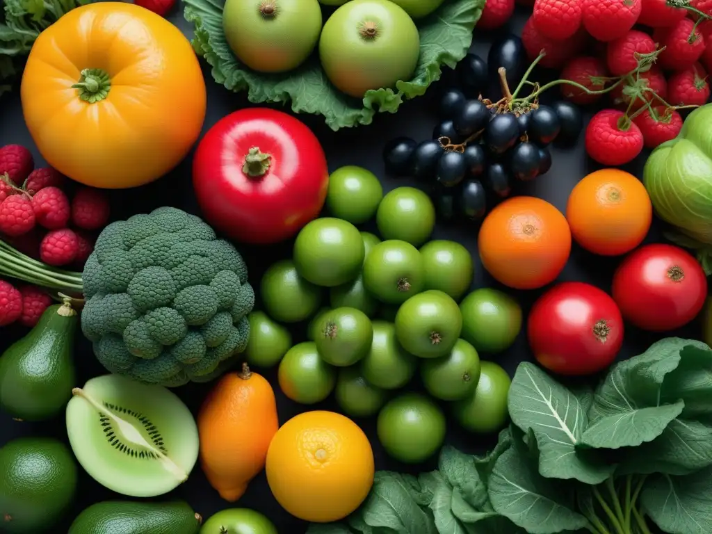 Una exuberante variedad de frutas y verduras coloridas, frescas y detalladas