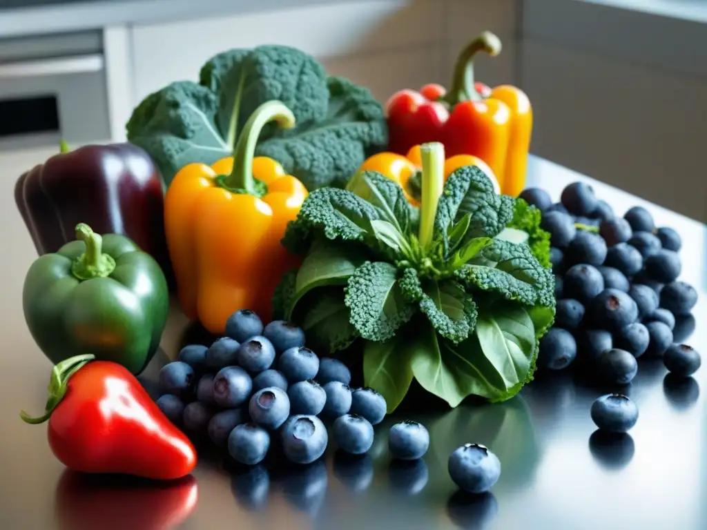 Una exuberante variedad de frutas y verduras antioxidantes brilla en la encimera de una cocina moderna