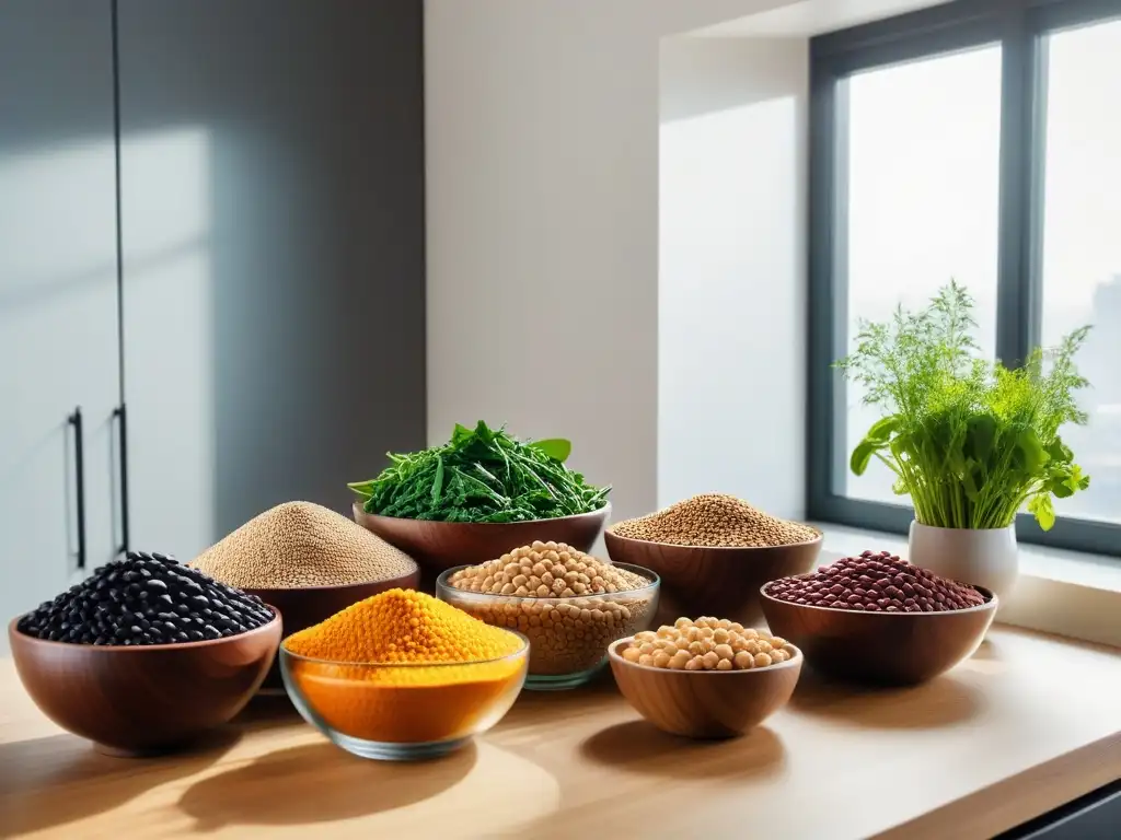 Una exuberante variedad de fuentes proteínicas veganas equilibradas, dispuestas con elegancia en una cocina moderna y luminosa