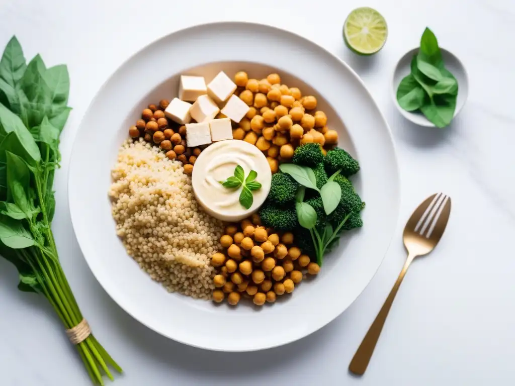 Una exuberante variedad de proteínas veganas para nutrición inclusiva, dispuestas en un elegante plato blanco con vegetación al fondo y luz natural