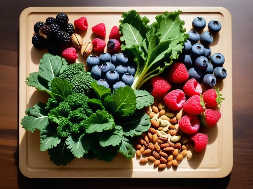 Una exuberante variedad de superfoods veganos para piel radiante: bayas coloridas, hojas verdes, frutos secos y semillas sobre tabla de madera moderna