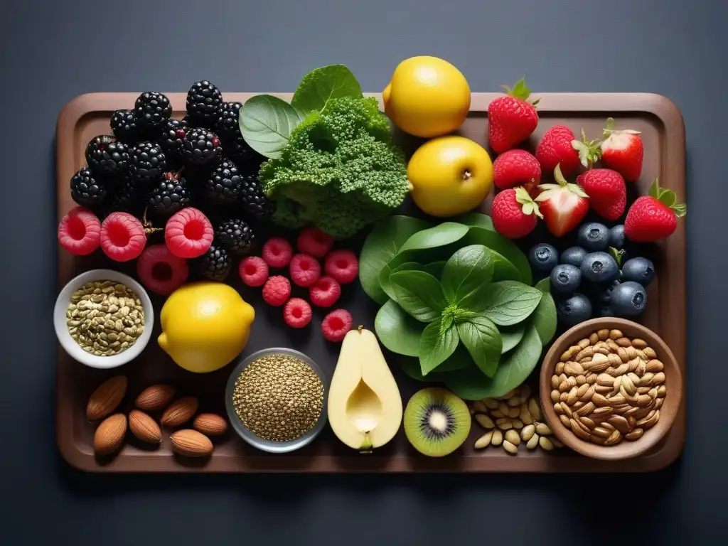 Una exuberante variedad de superfoods veganos en dieta equilibrada, resaltando la riqueza y diversidad en una cocina moderna