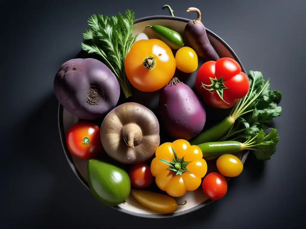 Una exuberante variedad de vegetales coloridos de la gastronomía vegana en Sudamérica, en una composición visualmente atractiva