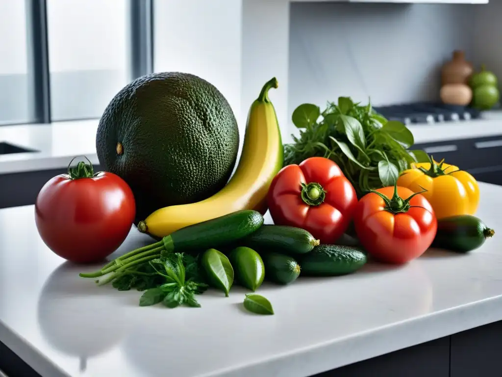 Una exuberante variedad de vegetales y frutas frescas en una cocina moderna, iluminados por la luz natural