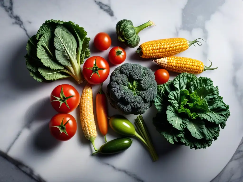 Una exuberante variedad de verduras frescas en una encimera de mármol brillante, con gotas de agua brillando bajo la luz brillante del estudio