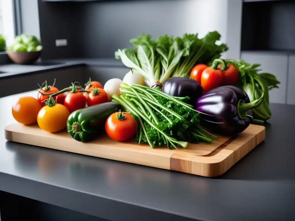 Una exuberante variedad de verduras frescas y coloridas en una cocina moderna, perfectamente cortadas