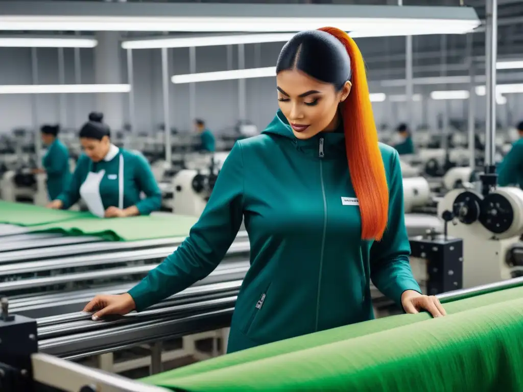 Una fábrica textil futurista con trabajadores vistiendo ropa vegana, reflejando el impacto del veganismo en moda