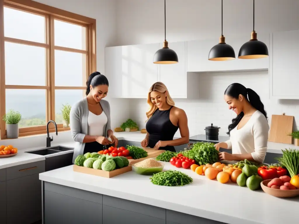 Una familia diversa y alegre prepara juntos platos veganos en una cocina moderna y vibrante, llena de ingredientes frescos