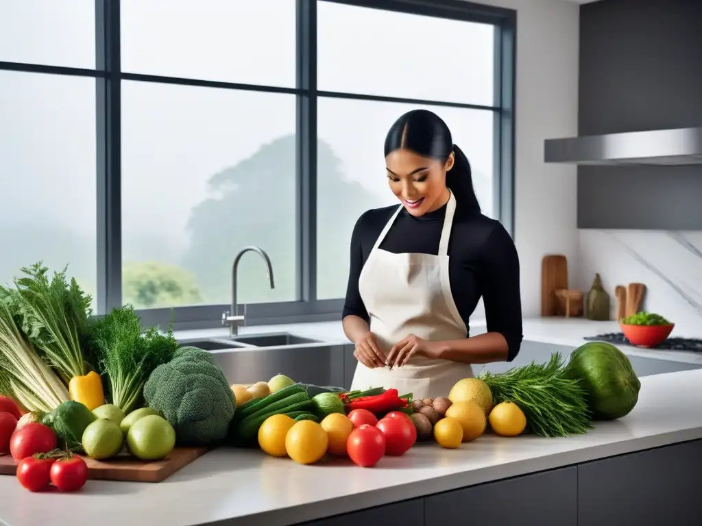 Una familia diversa cocina junta en una cocina moderna y vibrante, con ingredientes frescos y utensilios ordenados en la encimera