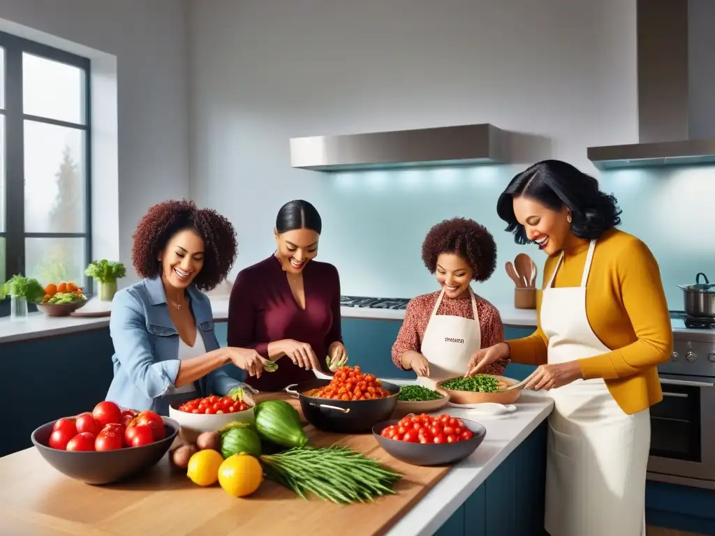 Una familia diversa cocina unidos en una cocina moderna y luminosa, preparando platos veganos coloridos