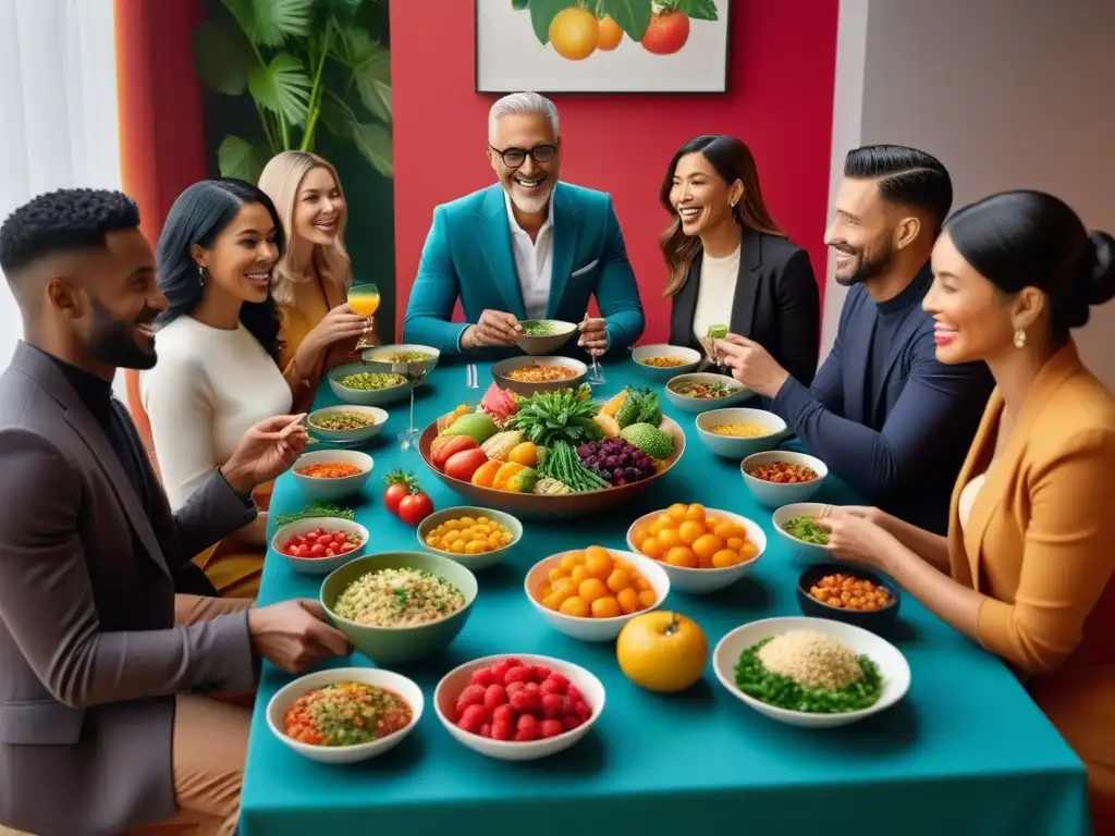 Una familia diversa disfruta de una comida vegana en un ambiente moderno y acogedor, transmitiendo salud digestiva en veganos