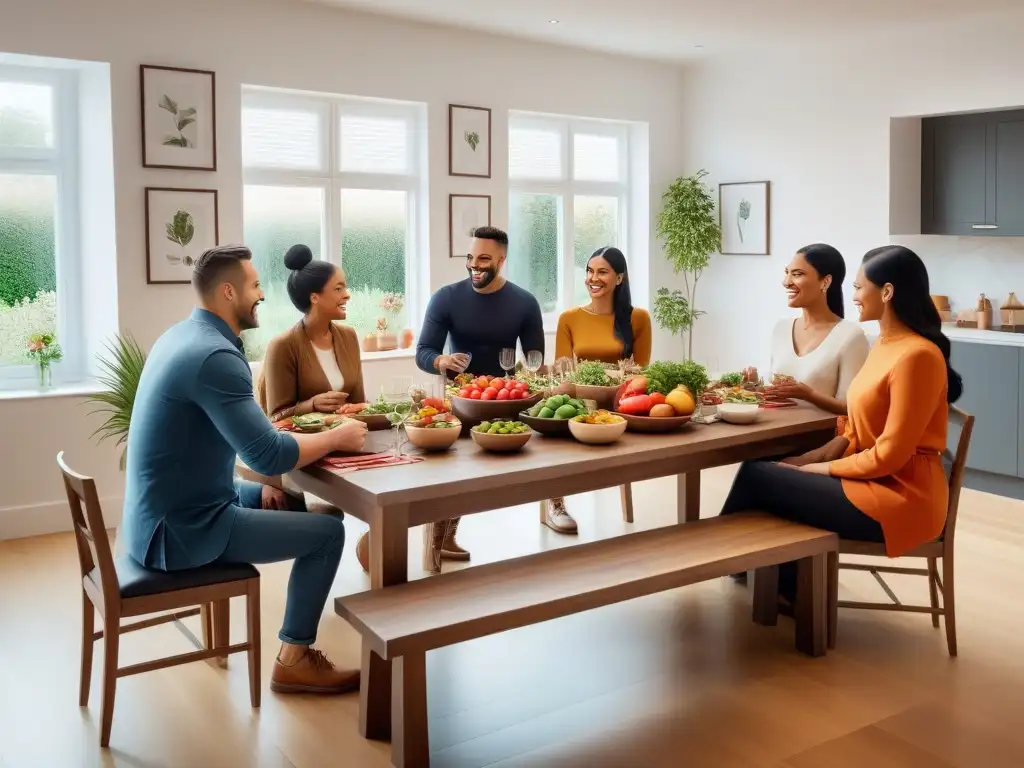 Una familia diversa disfruta de una comida vegana en una mesa hermosamente decorada