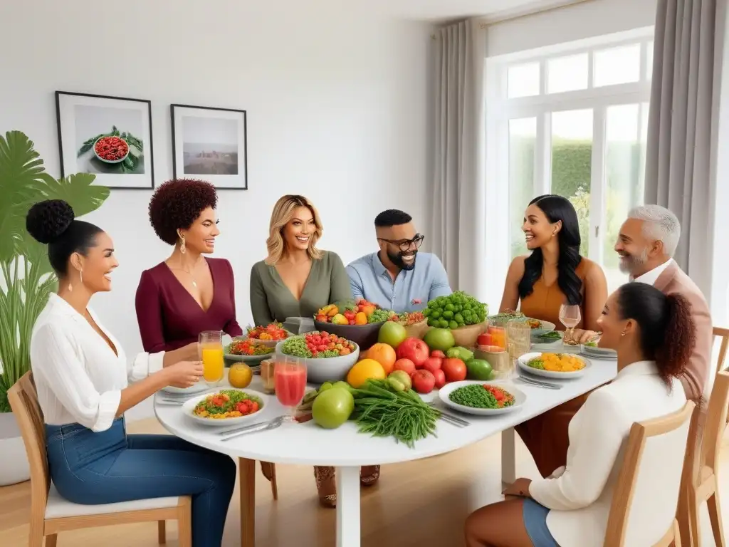 Una familia diversa disfruta de una comida vegana en un ambiente cálido y acogedor