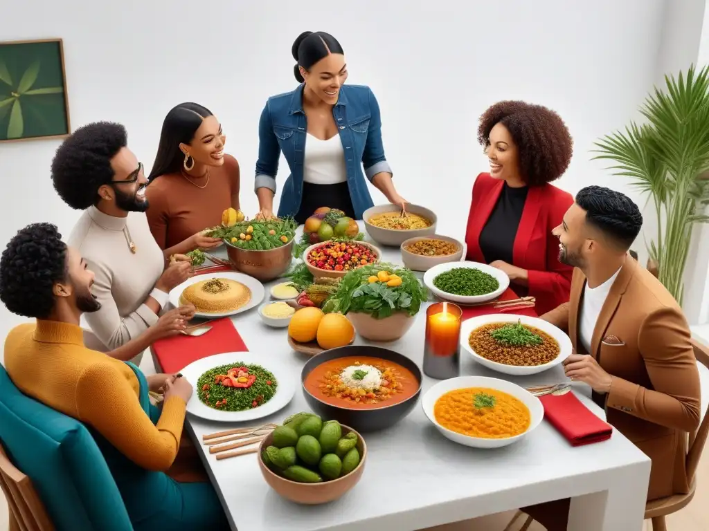 Una familia diversa disfruta de una deliciosa comida vegana en una mesa colorida y bien servida