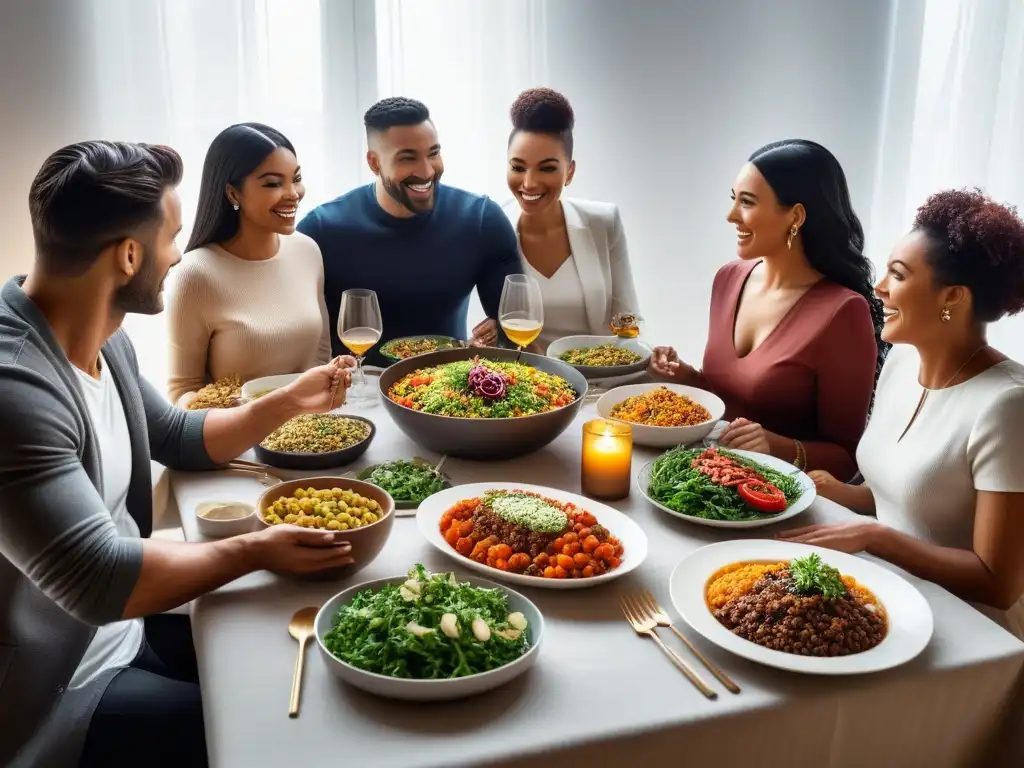 Una familia diversa disfruta de un festín vegano en una mesa bellamente decorada