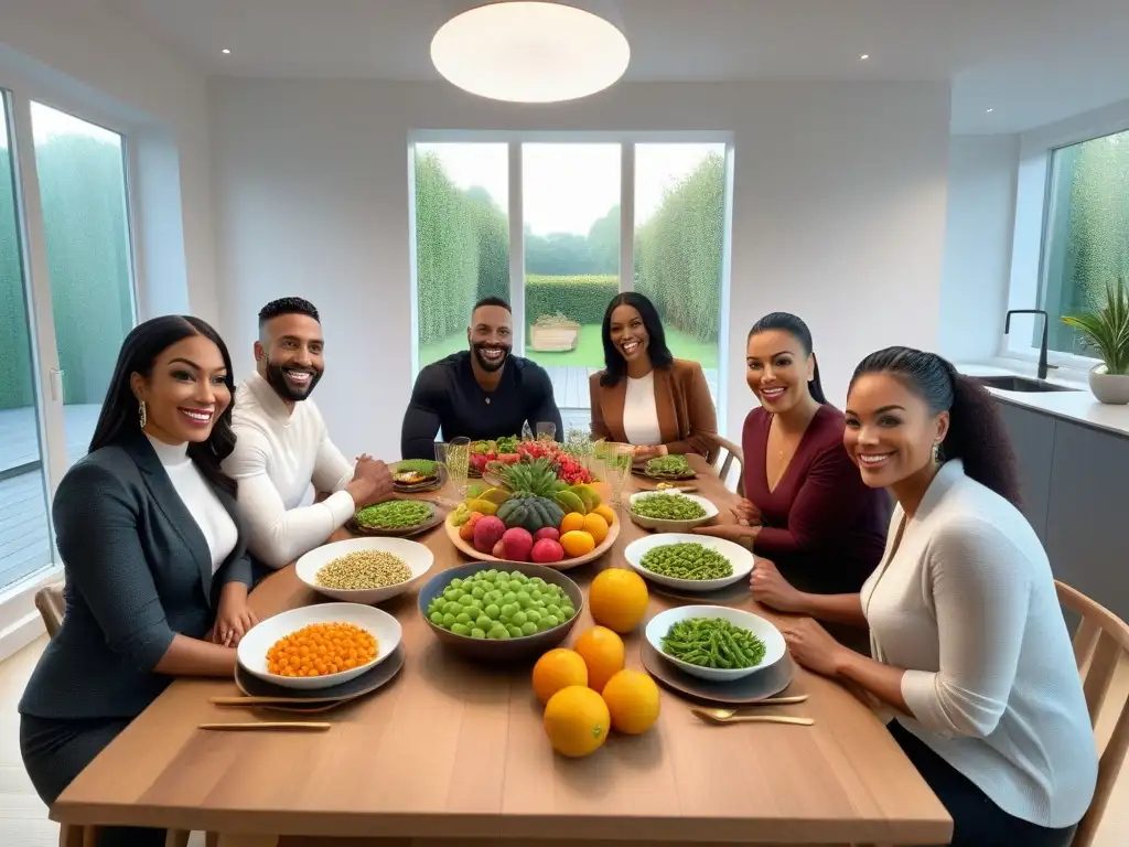 Una familia diversa disfruta de una mesa llena de delicias veganas