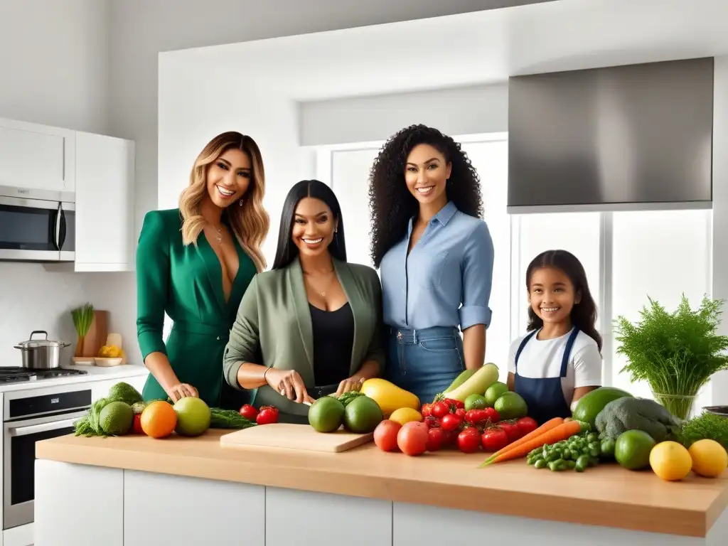 Una familia diversa y feliz cocina junta en una cocina moderna, con frutas, verduras y utensilios coloridos