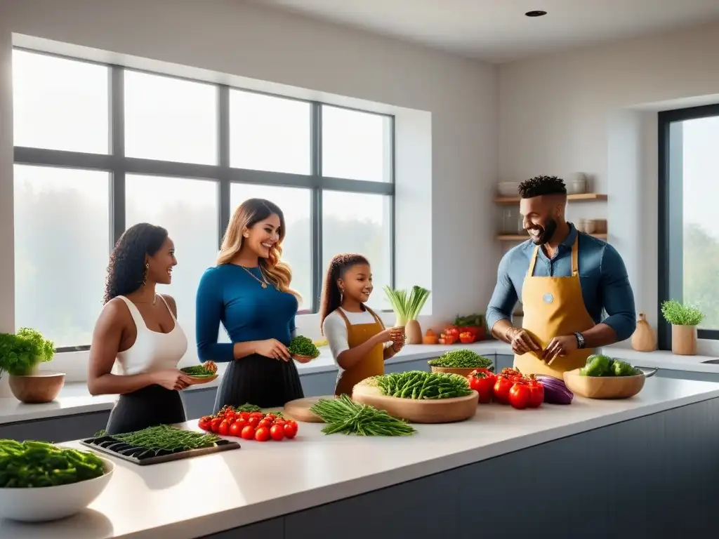 Familia feliz preparando comida vegana en cocina moderna