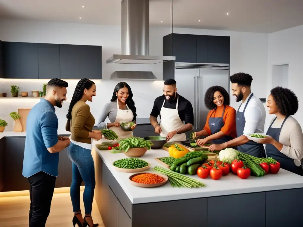 Familia feliz aprendiendo juntos a cocinar vegano en cocina moderna