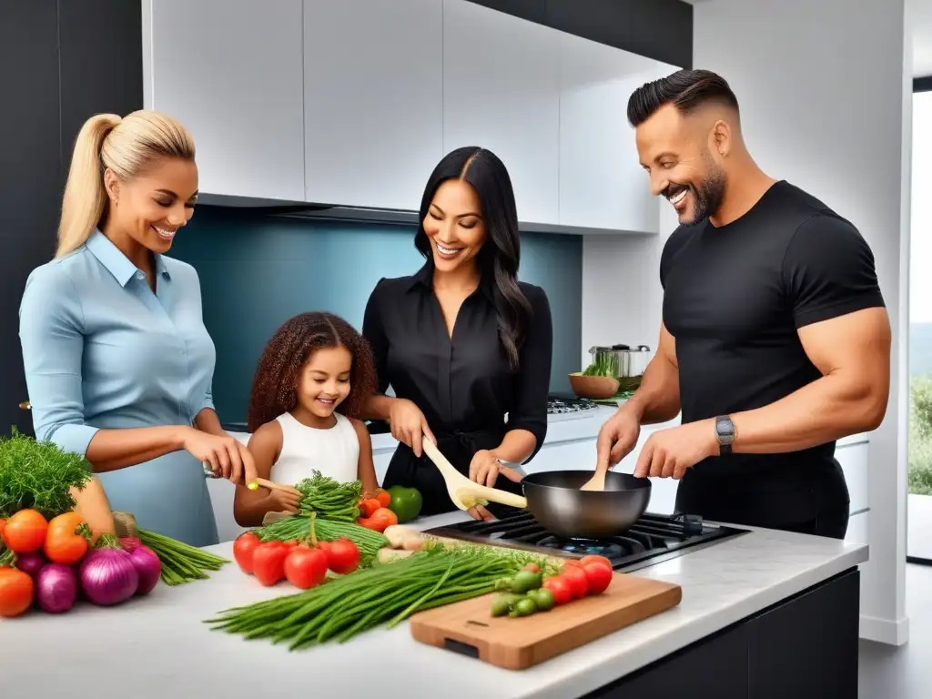 Una familia feliz preparando platos veganos juntos en una cocina moderna