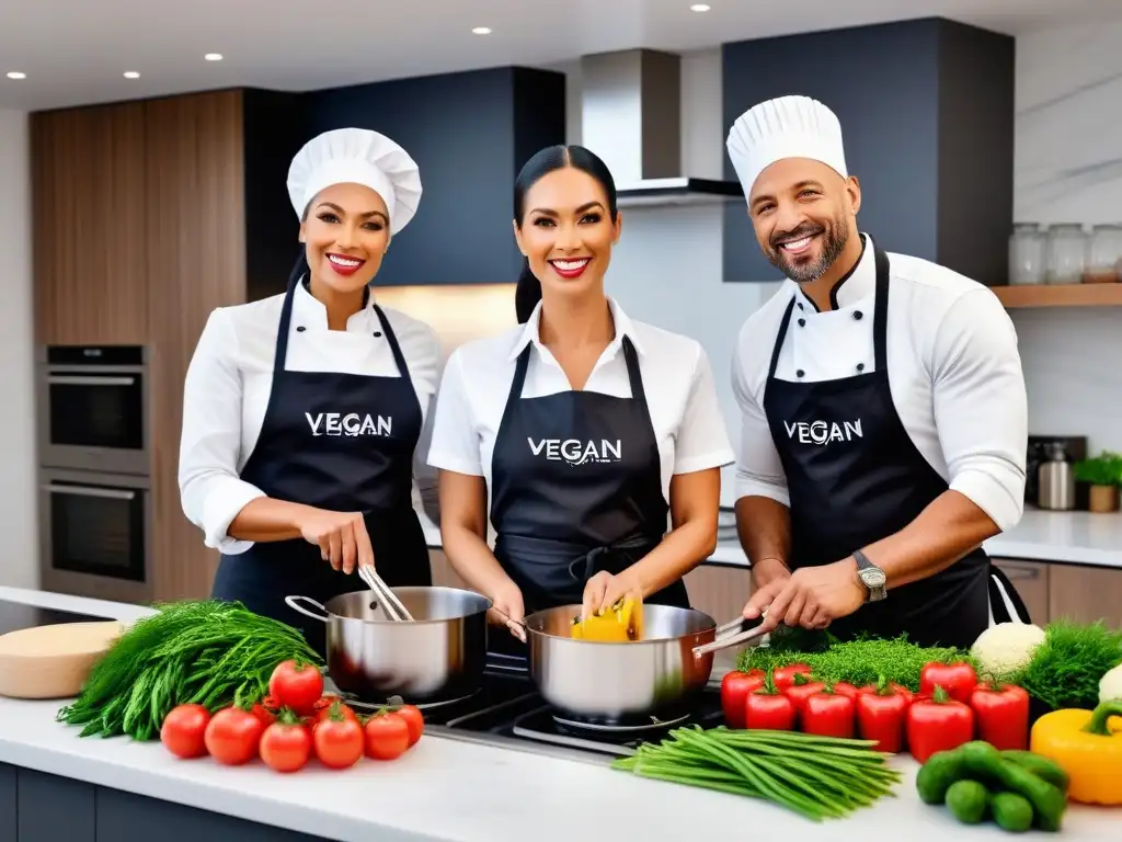 Una familia feliz aprendiendo a cocinar platos veganos juntos en un curso online de cocina, en una cocina moderna y acogedora