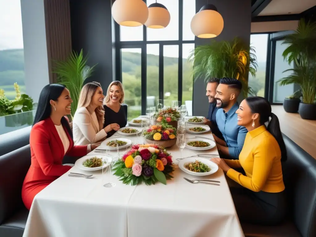 Familia vegana disfruta de comida en hotel moderno