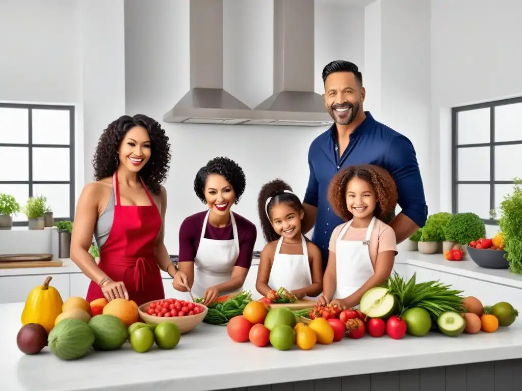 Familias de diversidad cocinan felices juntas en cocina moderna con libros cocina vegana para familia