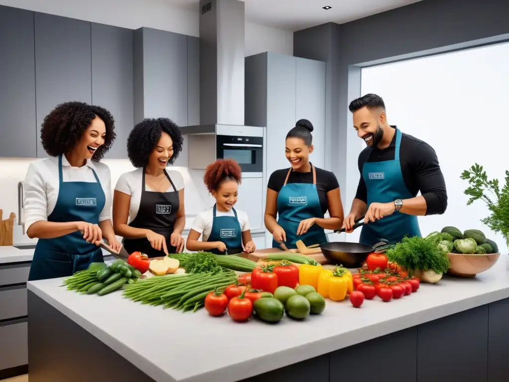 Familias felices cocinando juntas en una cocina moderna con ingredientes veganos frescos