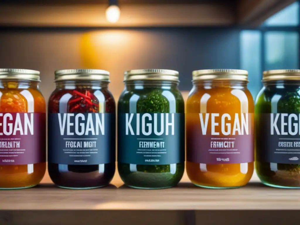 Fermentados veganos: tarros coloridos con kimchi, chucrut y kombucha burbujeantes