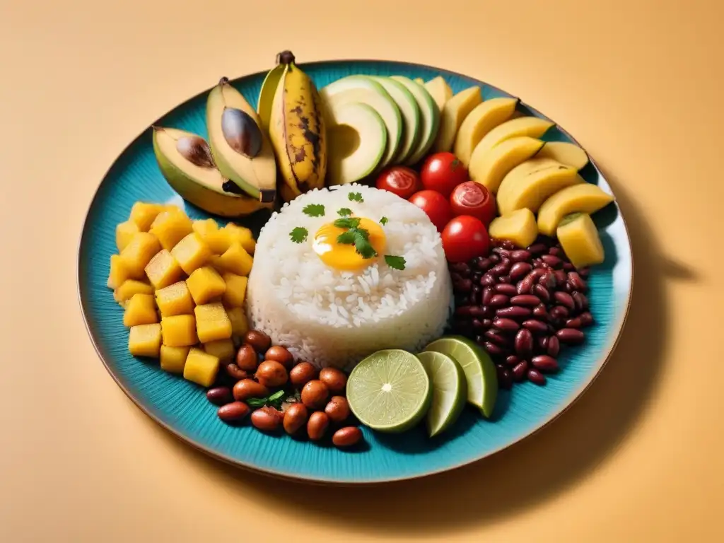 Un festín caribeño vegano sin carne: plátanos, arroz con frijoles, curry de coco y salsa de frutas frescas, en una presentación artística y colorida