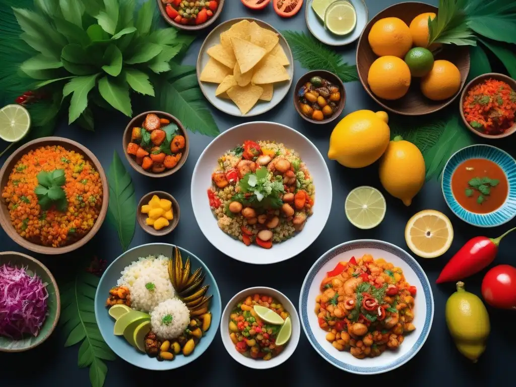 Un festín caribeño vegano con ceviche, paella y vegetales a la parrilla, rodeado de frutas tropicales y decoración caribeña