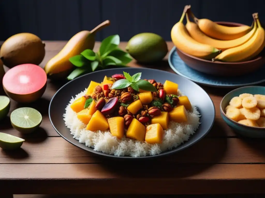 Un festín caribeño vegano delicioso en una mesa rústica de madera