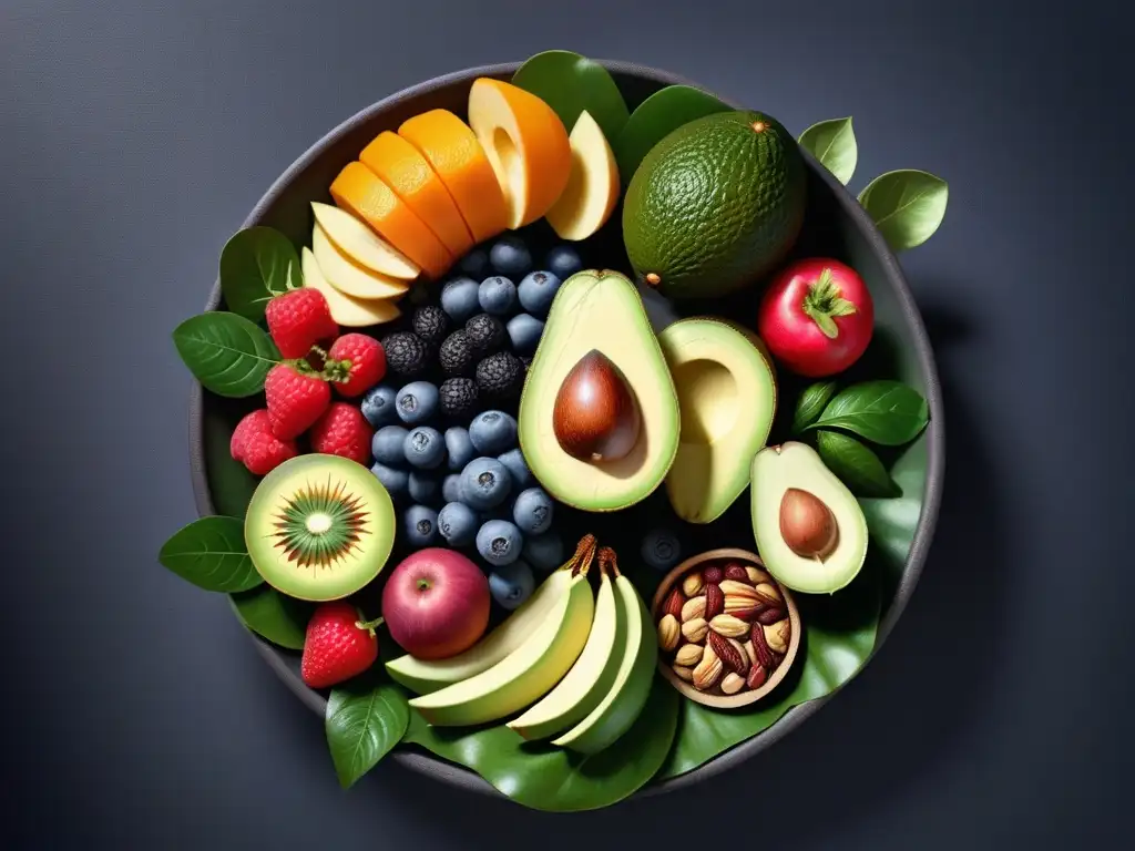 Un festín colorido de frutas, verduras, nueces y semillas; detalle realista y frescura