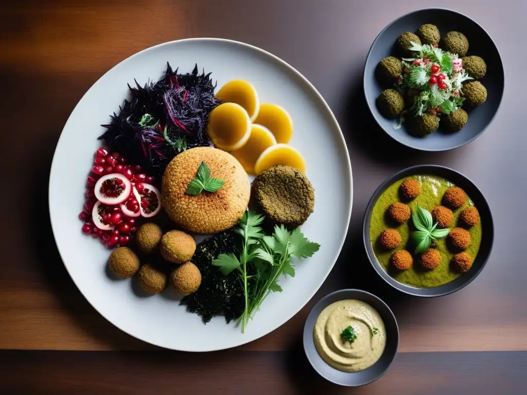 Exquisita mesa vegana: colores y sabores de Oriente Medio Un festín colorido de platillos veganos mediorientales, resaltando sabores y texturas
