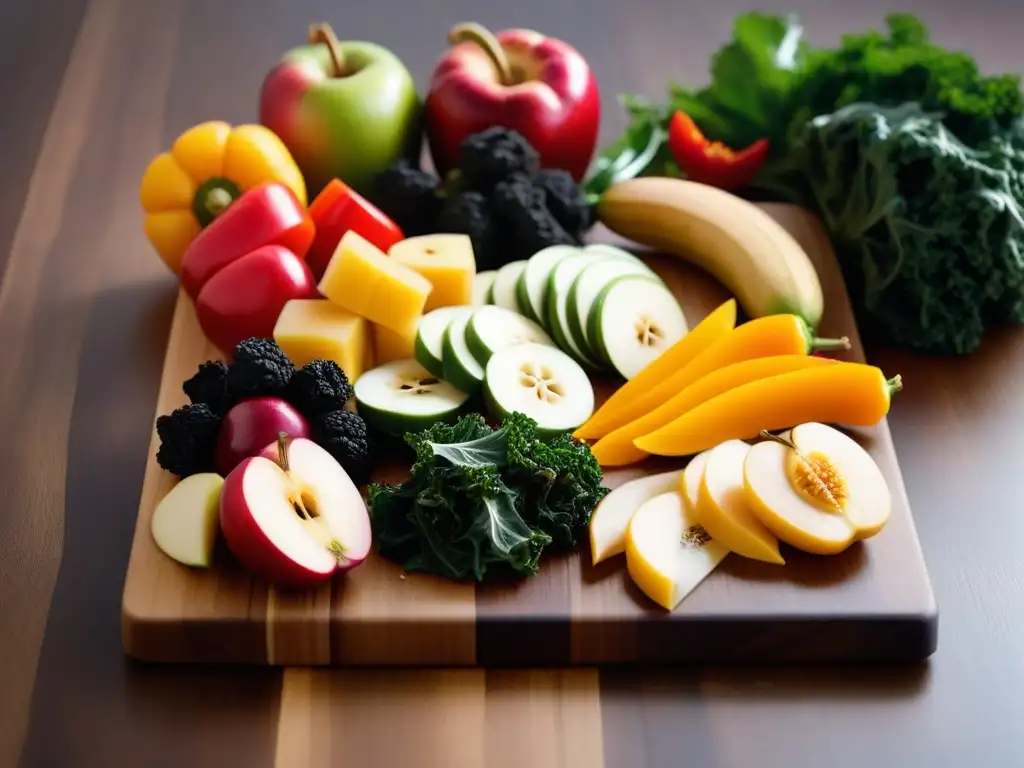 Un festín colorido de snacks saludables deshidratados veganos sobre tabla de madera