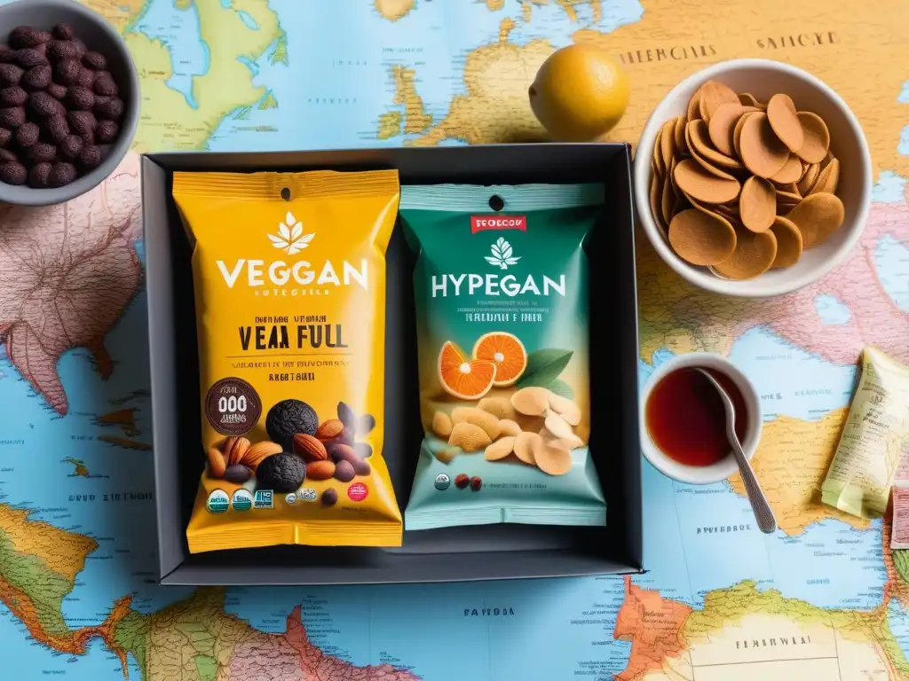 Un festín colorido de snacks veganos para viajes, con frutas secas, nueces, barras de proteína y chips vegetales, sobre un mapa con pines de destinos