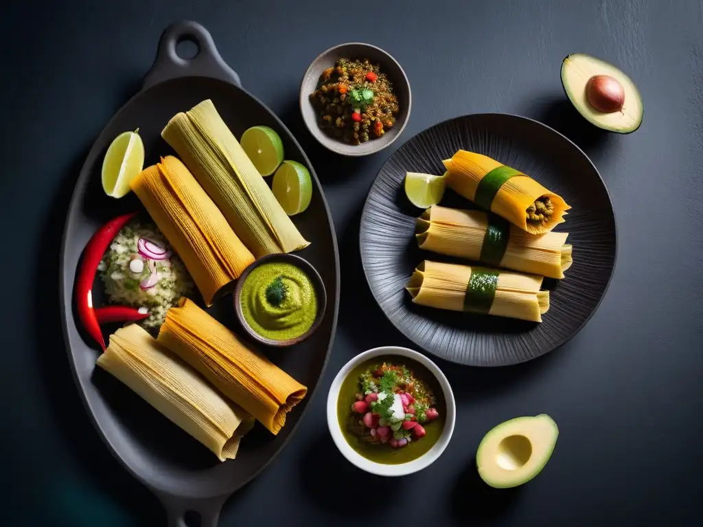 Un festín colorido de tamales veganos de Latinoamérica, presentados con arte en una elegante bandeja de pizarra