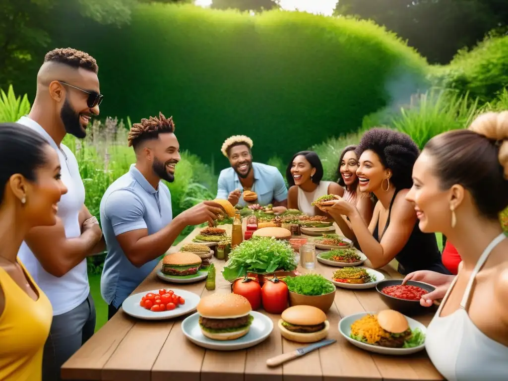 Un festín colorido y vibrante en un taller de hamburguesas veganas saludables, con gente diversa disfrutando en un jardín soleado