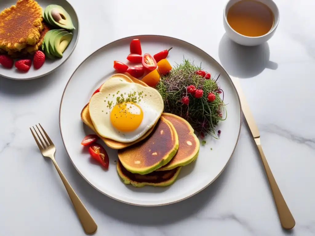 Un festín de Desayunos Veganos Americanos deliciosos: pancakes, tofu scramble, aguacate y hash browns en un plato blanco sobre mármol