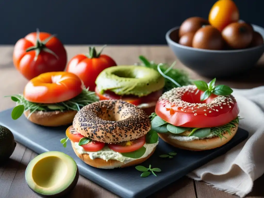 Un festín de desayunos veganos gourmet con bagels, coloridos y apetitosos, bañados por luz natural