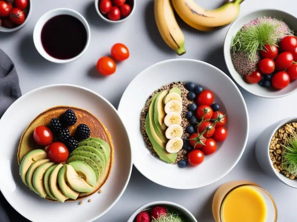 Un festín de desayunos veganos simples ingredientes en una mesa colorida y bien decorada en una moderna cocina luminosa