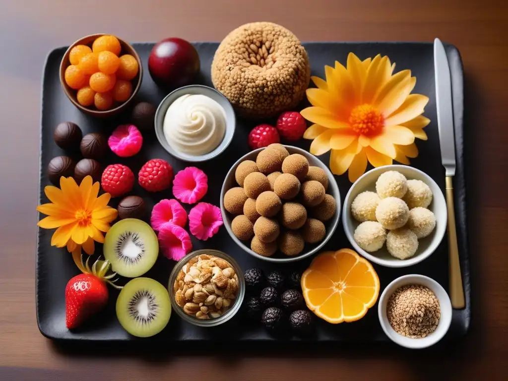 Un festín de dulces veganos del mundo, con sabores africanos y colores vibrantes en una mesa de madera