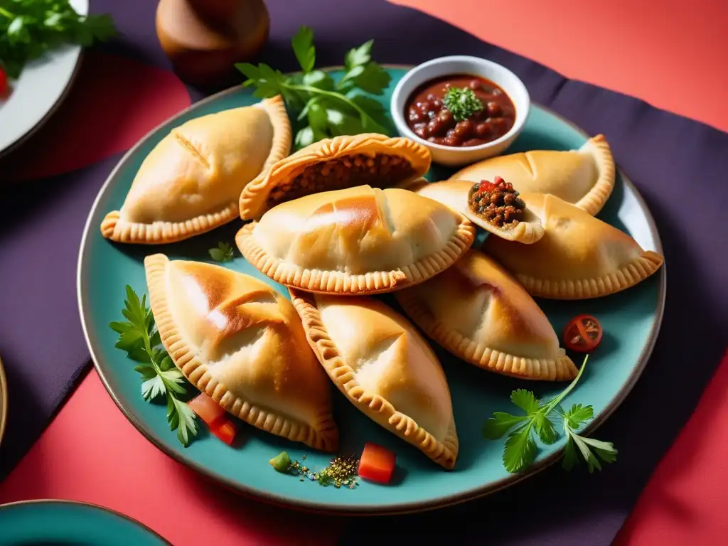 Un festín de empanadas veganas de carne con presentaciones creativas y coloridas en una mesa elegante