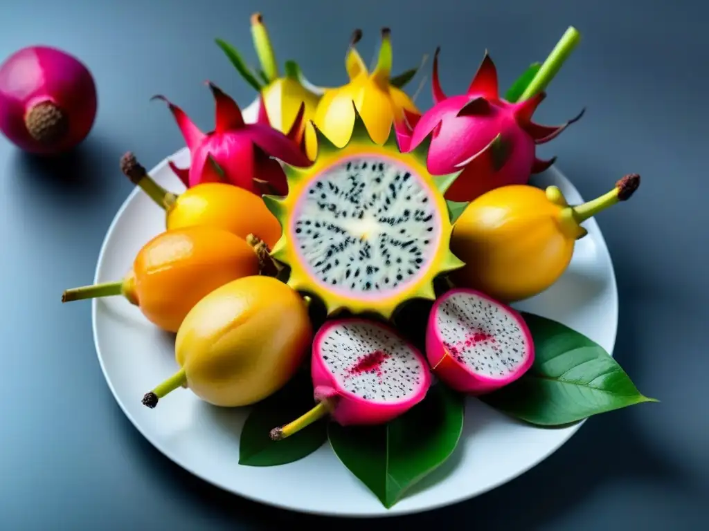 Un festín de frutas exóticas veganas en un plato blanco con menta fresca