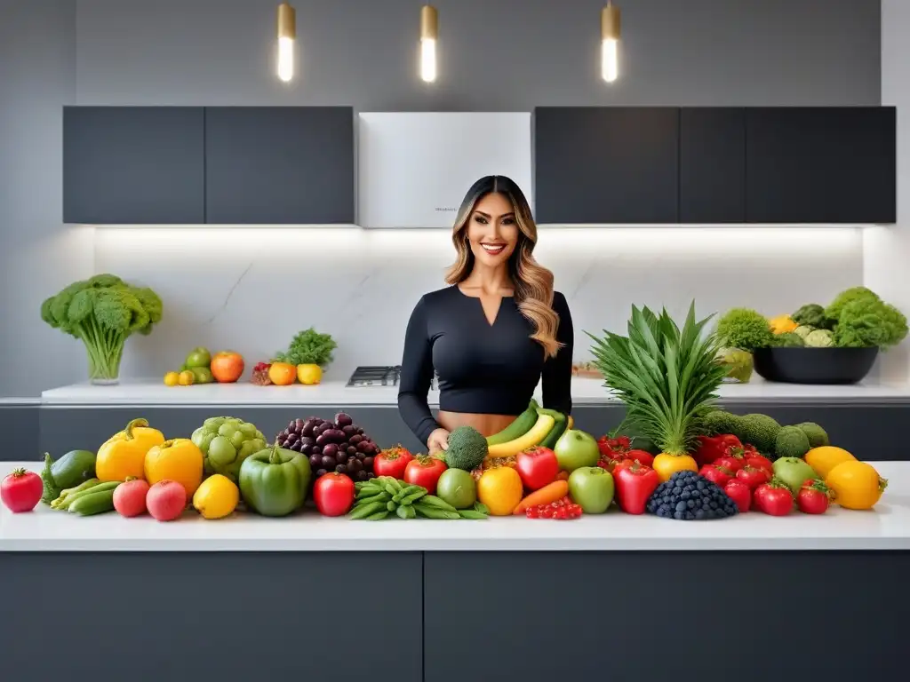 Un festín de frutas y verduras en una cocina moderna, ideal para suplementos veganos cerebro nutrición premium