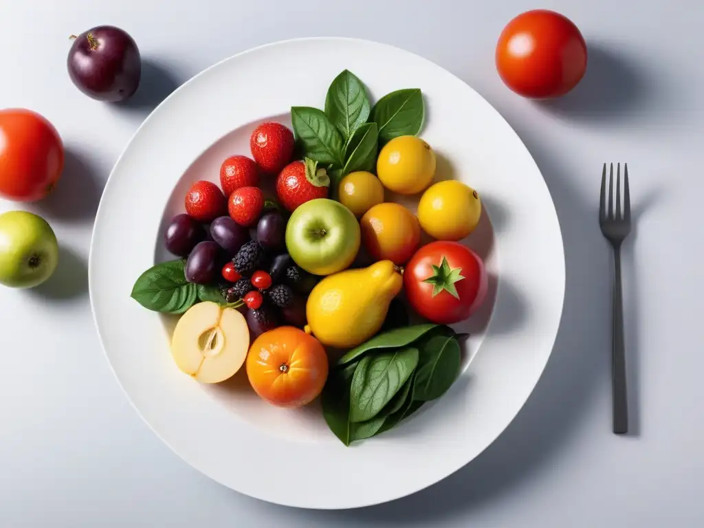 Un festín de frutas y verduras coloridas y frescas en un plato blanco moderno