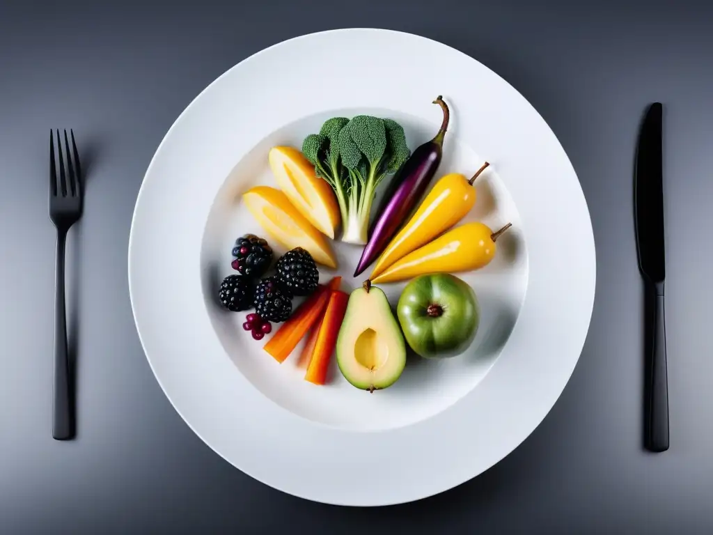 Un festín de frutas y verduras coloridas en un plato blanco, destacando un menú vegano completo con vitaminas