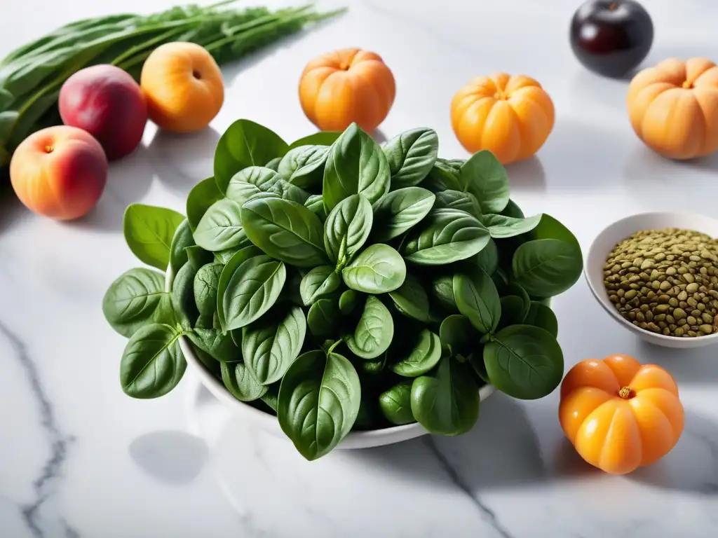 Un festín de frutas y verduras frescas y vibrantes ricas en hierro, con gotas de agua brillantes