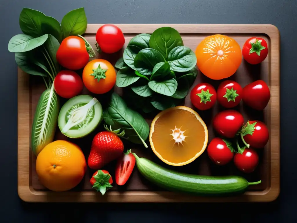 Un festín de frutas y verduras frescas en un tablero minimalista, resaltando la diversidad y beneficios de la cocina vegana cruda