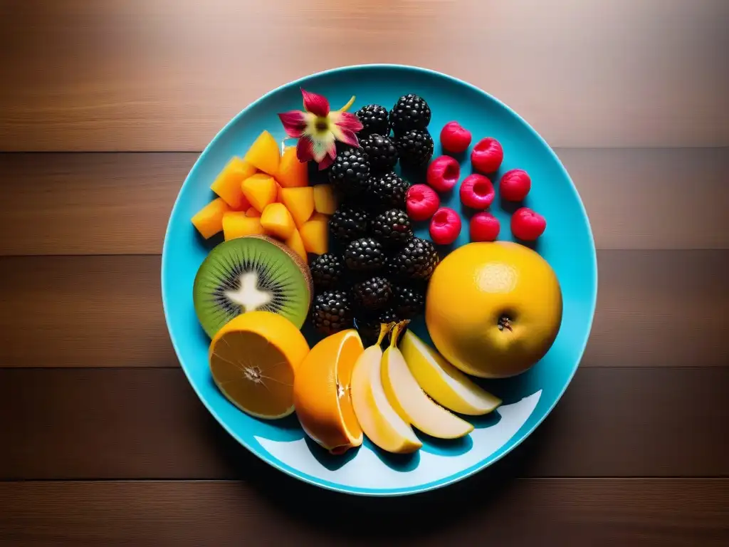 Exquisita obra de arte vegana: conexión entre dieta y bienestar Un festín de frutas, verduras y frutos secos en una mesa moderna